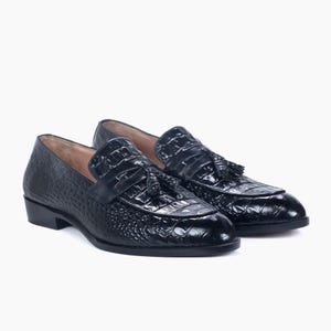 handmade leather loafers, black tassel dress shoes, croc embossed, men’s