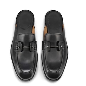Men’s Black Leather Horsebit Mules – Handmade Backless Loafers - Men Leather Slippers
