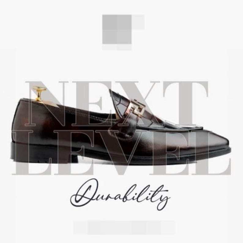 Handmade Leather Loafers with Croc Embossed Vamp, mens dress shoes, brown slip on, gold hardware, formal wedding gift