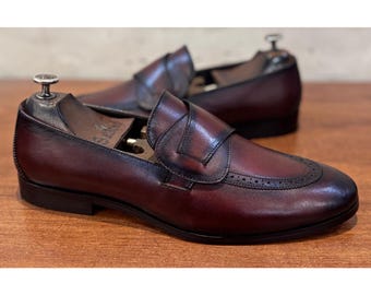 Handmade leather loafers, men's dress shoes, burgundy patina, goodyear welted