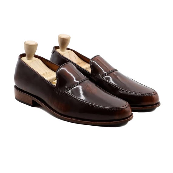Men’s brown penny loafers, handmade leather slip on, moc toe dress shoes