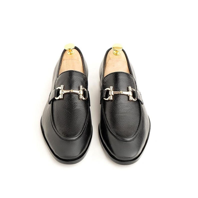 Handmade Black Leather Horsebit Loafers for Men, genuine full‑grain leather, handstitched, slip‑on dress shoes, custom sizes