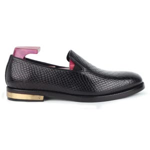 Black Python Mirror Glossed Slipons With Metal Heel Pate