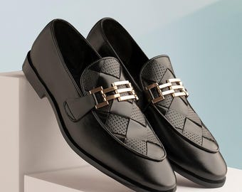 Mocassins masculinos de couro de bezerro preto com detalhe de bridão – Sapatos sociais formais de enfiar feitos à mão sob medida