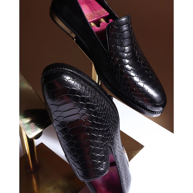 Black Python Mirror Glossed Slipons With Metal Heel Pate