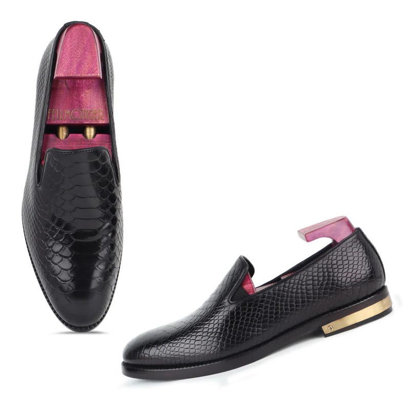Black Python Mirror Glossed Slipons With Metal Heel Pate