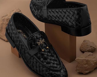 Mocasines de cuero negro tejido a mano: Zapatos de hombre sin cordones