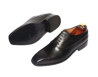 Zwarte Oxford-schoenen met neus, handgemaakte leren herenschoenen