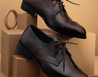 Herren Braun Leder Oxford Cap Toe Abendschuhe Handgefertigte formelle Schuhe