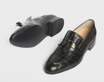 Handmade Men’s Black Crocodile Leather Embossed – Luxury leather Tassel Dress Shoes, slip on