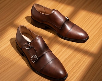 Brown leather double monk strap shoes, handmade men’s dress, formal wedding office
