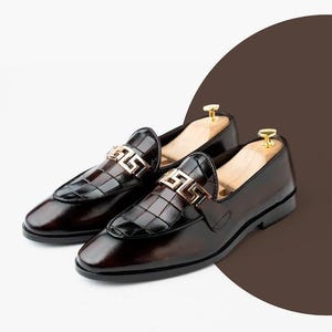 Handmade Leather Loafers with Croc Embossed Vamp, mens dress shoes, brown slip on, gold hardware, formal wedding gift