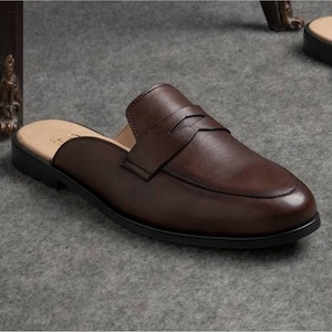 Men’s brown leather backless loafers, handmade slip-on mules, dress casual office