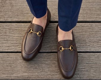 Handmade Brown Leather Horsebit Loafers – Men's Striped Moccasins