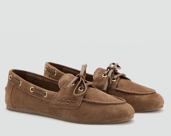 Women’s brown suede driving loafers, handmade leather moccasins, slip-on flats