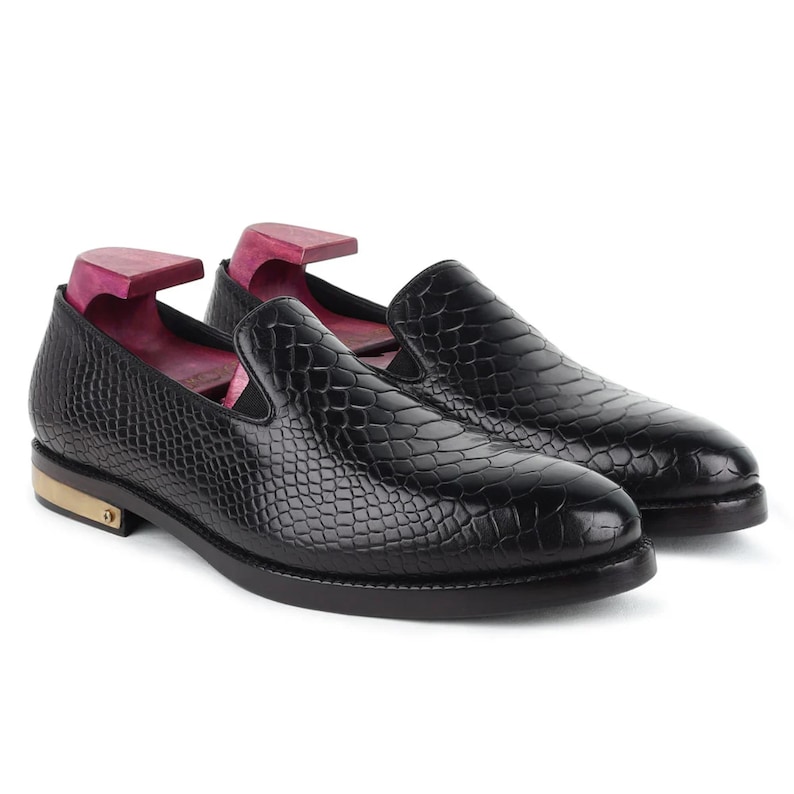 Black Python Mirror Glossed Slipons With Metal Heel Pate