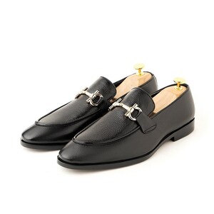 Handmade Black Leather Horsebit Loafers for Men, genuine full‑grain leather, handstitched, slip‑on dress shoes, custom sizes