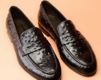 handmade loafer shoes Ostrich Embossed penny style