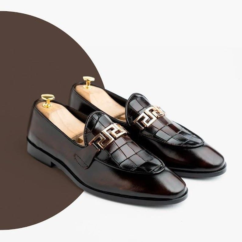 Handmade Leather Loafers with Croc Embossed Vamp, mens dress shoes, brown slip on, gold hardware, formal wedding gift