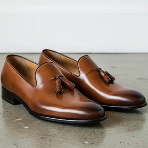 Men's Belgian Tassel Loafers Handmade Brown Leather Formal Wedding Dress Slip On Shoes