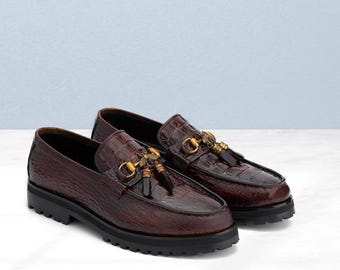 Handmade Genuine Leather Alligator Textured Brown Color Slip On Loafers For Men
