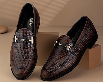 Zapatos mocasines de cuero marrón tejido hechos a mano para hombre, zapatos tipo loft para hombre.