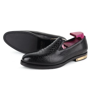 Black Python Mirror Glossed Slipons With Metal Heel Pate