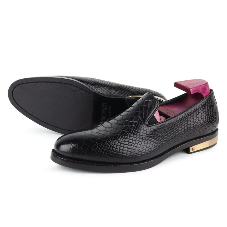 Black Python Mirror Glossed Slipons With Metal Heel Pate