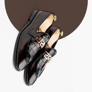 Handmade Leather Loafers with Croc Embossed Vamp, mens dress shoes, brown slip on, gold hardware, formal wedding gift