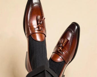 Mocassins à pampilles en cuir marron faits main pour hommes, chaussures de bureau patinées à enfiler