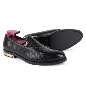 Black Python Mirror Glossed Slipons With Metal Heel Pate
