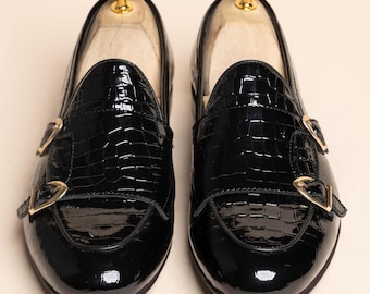 Black Crocodile embossed Double Monk Strap Shoes for Men Luxury Formal Wedding Dress Footwear