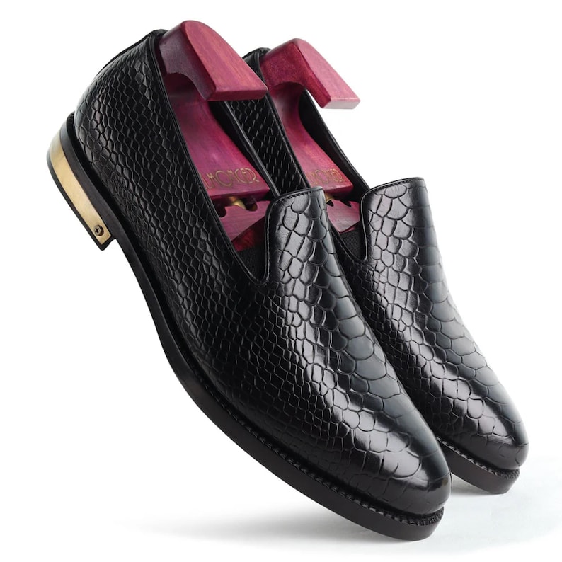 Black Python Mirror Glossed Slipons With Metal Heel Pate