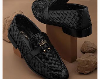 Handmade Woven Black Leather Loafers: Men's Slip-On Moccasins Mens Shoes