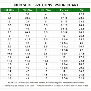Men’s shoe size conversion chart showing US, EU, UK sizes with corresponding foot measurements in inches and centimeters, including formal footwear sizing guide from US size 5 to 16.