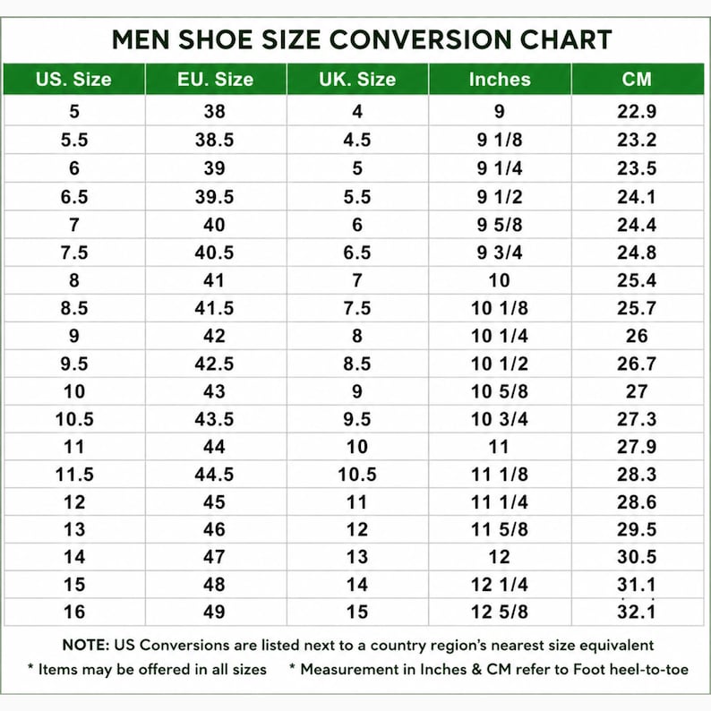 Men’s shoe size conversion chart showing US, EU, UK sizes with corresponding foot measurements in inches and centimeters, including formal footwear sizing guide from US size 5 to 16.