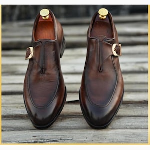 Bespoke Handmade Brown Leather Monk Strap Shoes: Men's Footwear