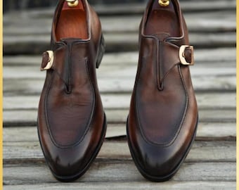 Bespoke Handmade Brown Leather Monk Strap Shoes: Men's Footwear