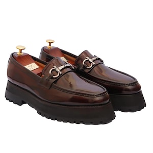 Men’s patent leather horsebit loafers, brown, chunky sole, slip on