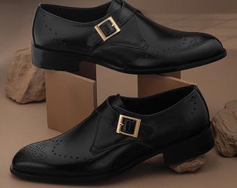Zapatos de vestir sin cordones con hebilla simple de cuero negro hechos a mano para hombre
