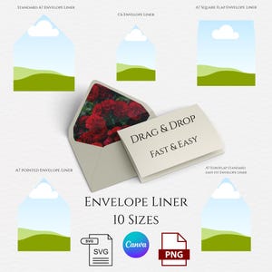 May include: A digital template set for envelope liners featuring ten sizes, including A7 and C6 options. The design displays a red rose floral pattern inside an open envelope, with text reading DRAG & DROP FAST & EASY and ENVELOPE LINER 10 SIZES.