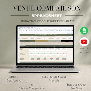 May include: A laptop displaying a wedding venue comparison spreadsheet template. The screen shows a table with columns for venue names, locations, guest capacity, and costs. Text includes Venue Comparison Spreadsheet and YouTube Guide Included.