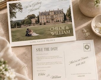May include: A rectangular save the date card featuring a photo of a couple in front of a French chateau with the text We're Getting Married, Chloe & William, and 11.08.2027. The reverse side includes Save The Date text and a sun icon.