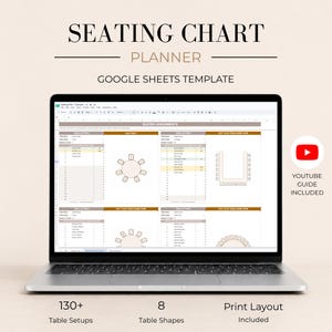 Op de afbeelding: Een laptopscherm met een digitale zitplaatsenplanner Google Sheets-sjabloon. De interface toont verschillende tafelindelingen, zitplaatsen en organisatietools. Een YouTube-gids-pictogram is zichtbaar aan de rechterkant van het scherm.