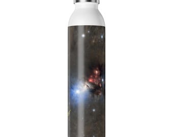 May include: A white and silver insulated water bottle with a vibrant galaxy design. The bottle features a stainless steel cap and a wrap-around print showcasing a nebula with blue, red, and yellow hues. The bottle is designed to keep beverages cold.
