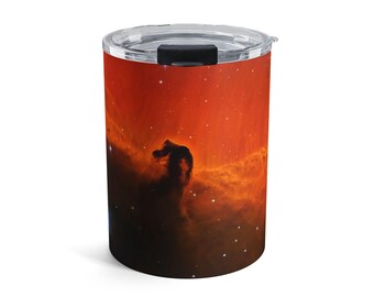 May include: A cylindrical travel mug featuring a vibrant image of the Horsehead Nebula in shades of orange, red, and black. The design wraps around the mug, which has a clear lid with a black slider.