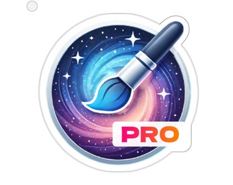 May include: A round sticker featuring a paintbrush with a blue tip and a black handle. The background is a swirling galaxy of purple, pink, and blue. The word "PRO" is in white letters on an orange rectangle.