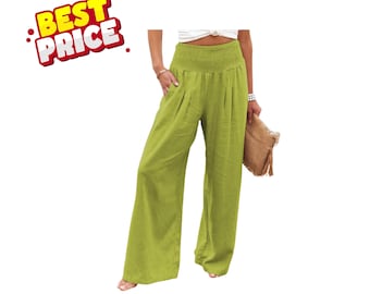 Pantalon de plage ample à taille smockée pour femme Pantalon d'été léger et décontracté avec poches