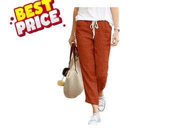 Frauen Baumwolle Leinen Kordelzug Haremshose mit Elastischen Taille Taschen Lockere Knöchel Länge Hose