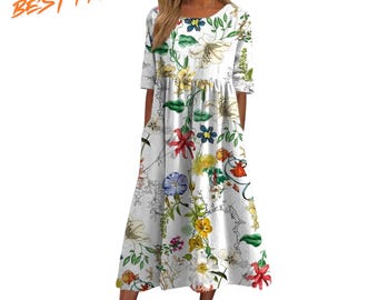 Lässiges, geblümtes Midikleid für Damen mit Taschen, kurzen Ärmeln und lockerer Sommerpassform